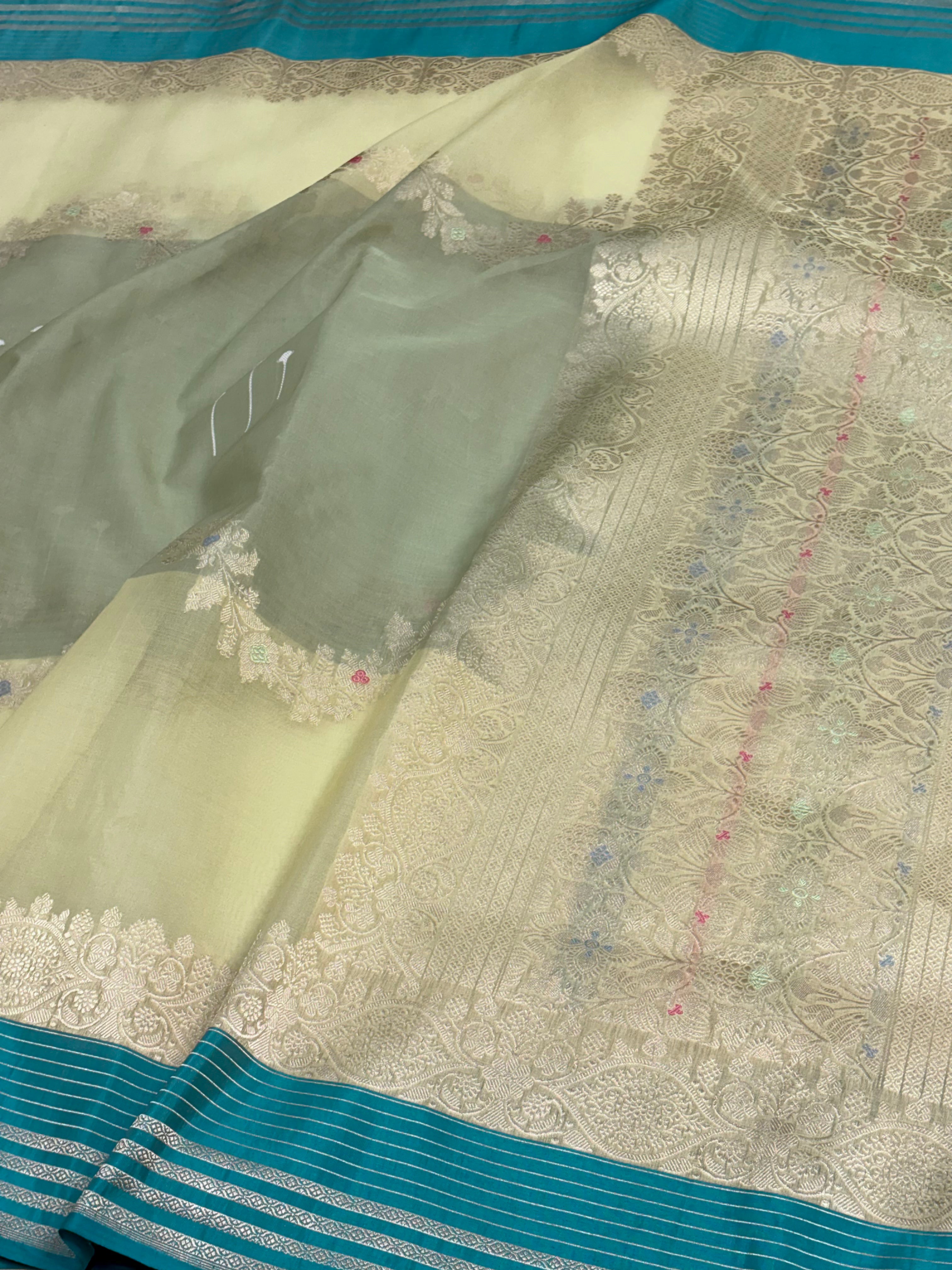Light Green Modern Banarasi Kora Necklace Jaal Saree