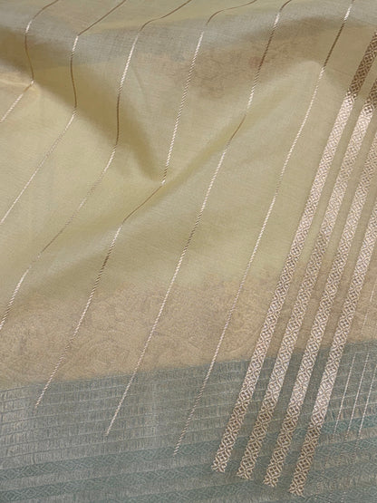 Light Green Modern Banarasi Kora Necklace Jaal Saree