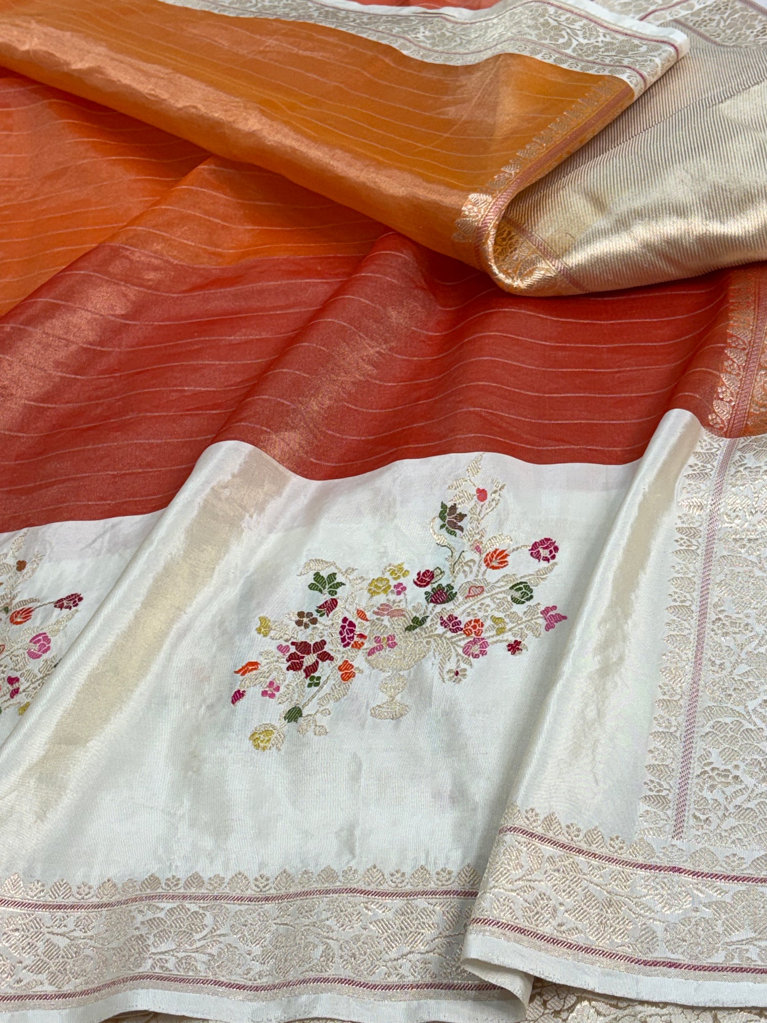 Orange Handwoven Tissue Kadhiyal Banarasi Saree with Gulfam Buta Border