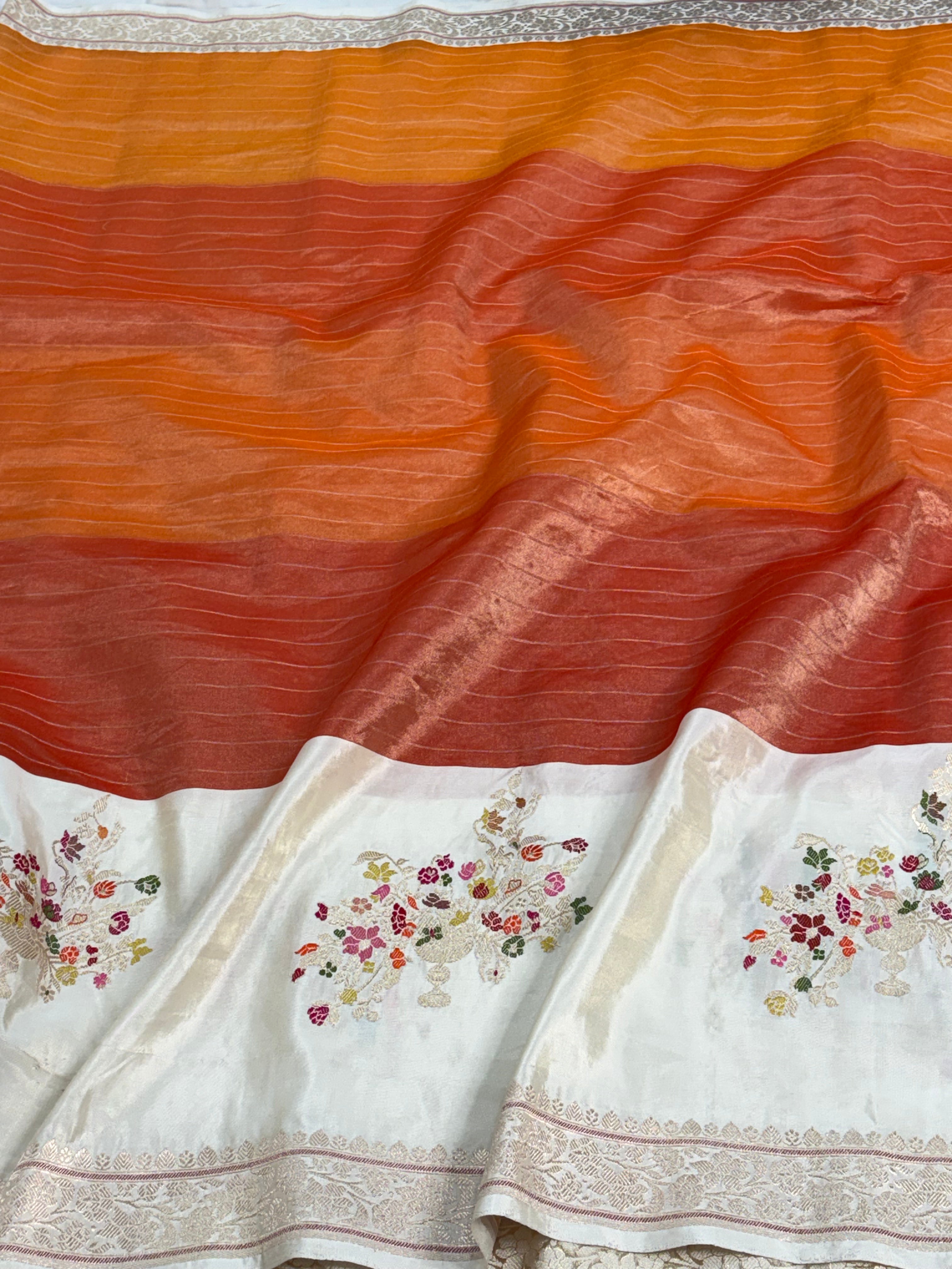Orange Handwoven Tissue Kadhiyal Banarasi Saree with Gulfam Buta Border