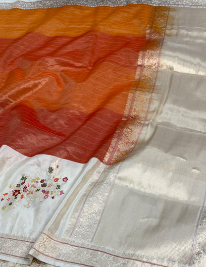 Orange Handwoven Tissue Kadhiyal Banarasi Saree with Gulfam Buta Border
