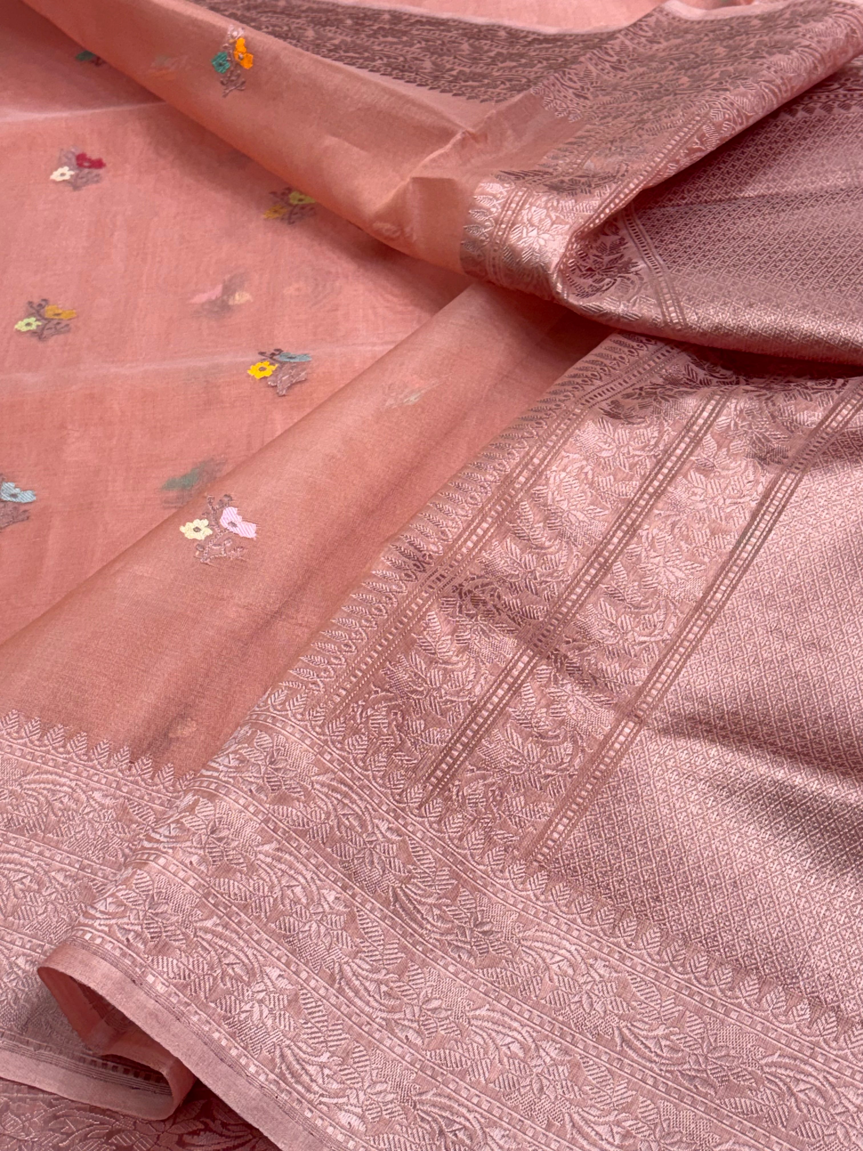 Smoke Peach Handwoven Kora Banarasi Handwoven Saree with Tilfi Buti