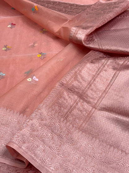 Smoke Peach Handwoven Kora Banarasi Handwoven Saree with Tilfi Buti