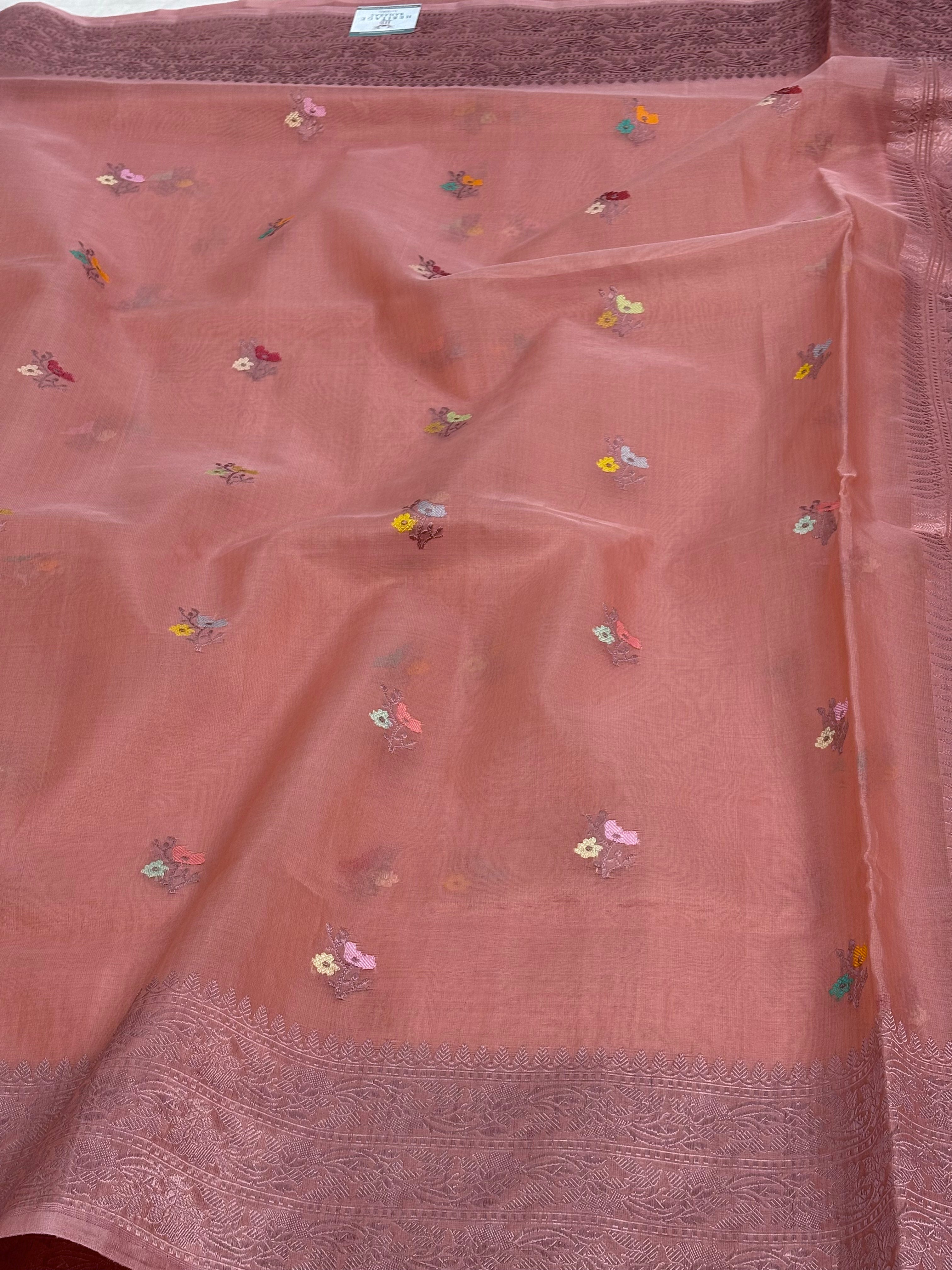 Smoke Peach Handwoven Kora Banarasi Handwoven Saree with Tilfi Buti