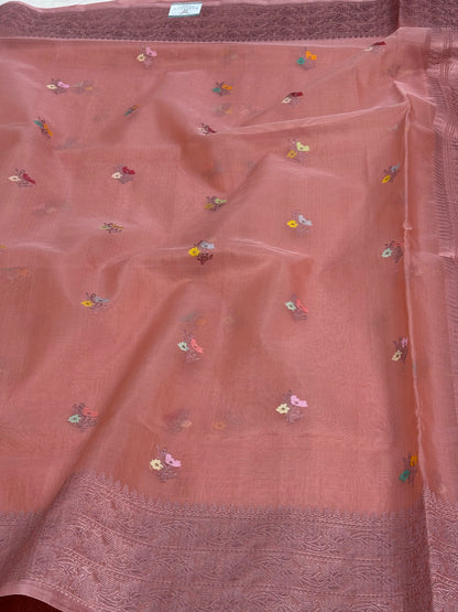 Smoke Peach Handwoven Kora Banarasi Handwoven Saree with Tilfi Buti