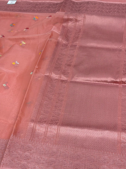 Smoke Peach Handwoven Kora Banarasi Handwoven Saree with Tilfi Buti