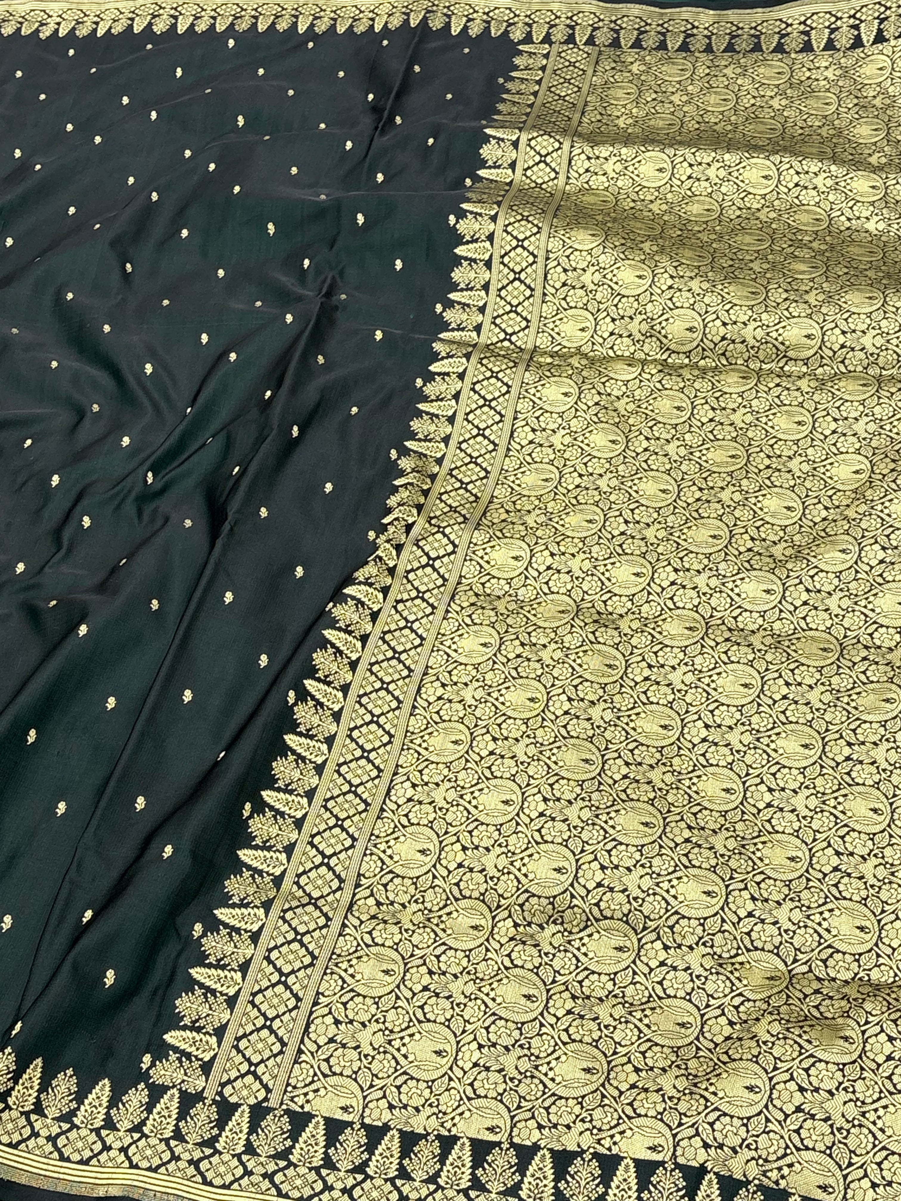Black Handwoven Chunri Buti Banarasi Satin Silk Saree,