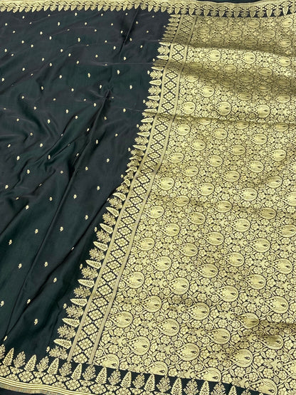 Black Handwoven Chunri Buti Banarasi Satin Silk Saree,