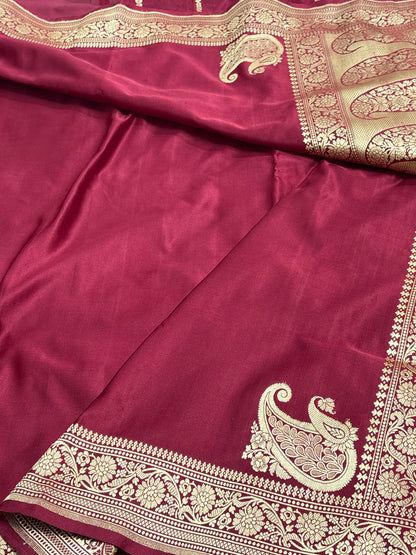 Pure Handwoven Maroon Banarasi Satin Silk Saree