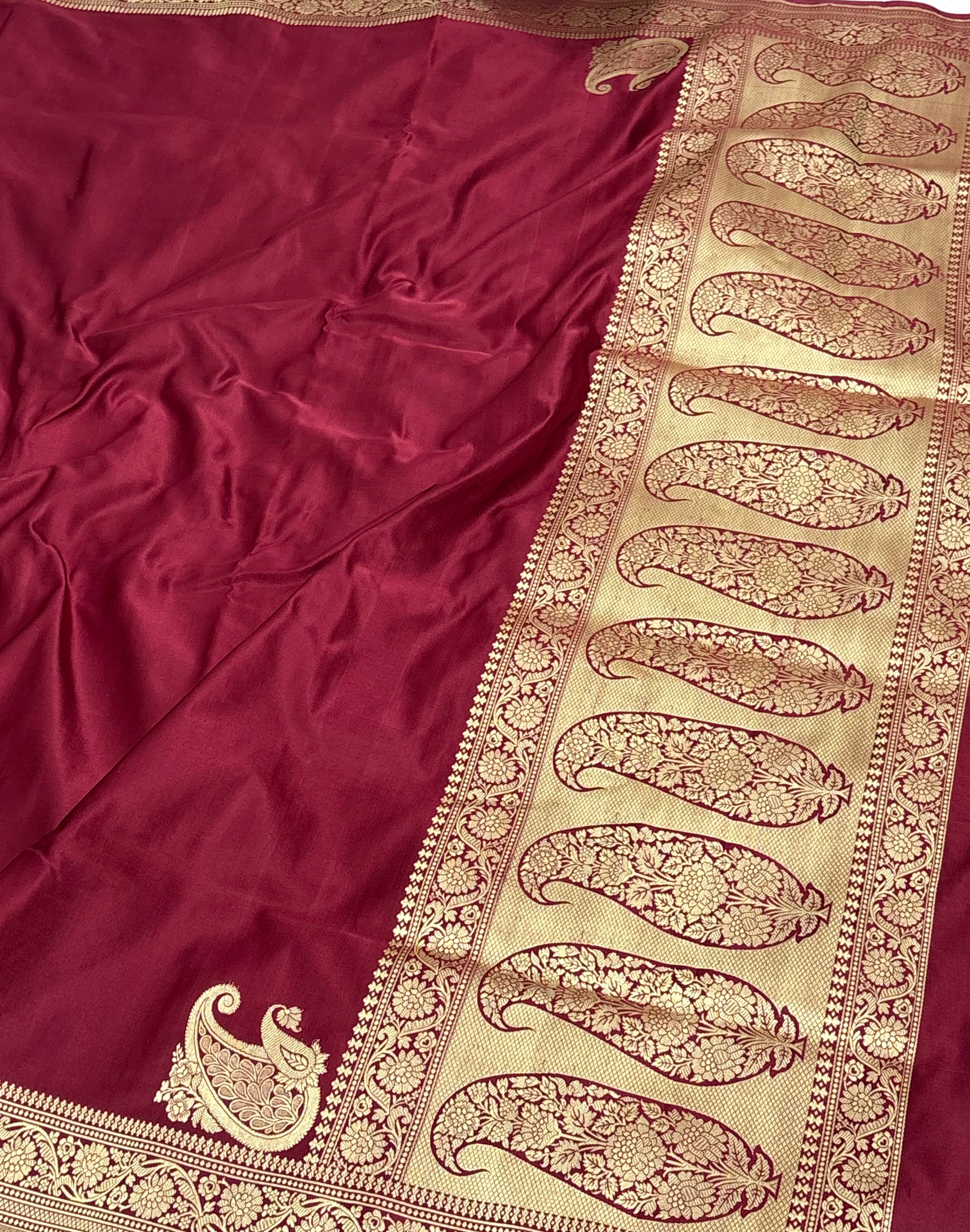 Pure Handwoven Maroon Banarasi Satin Silk Saree