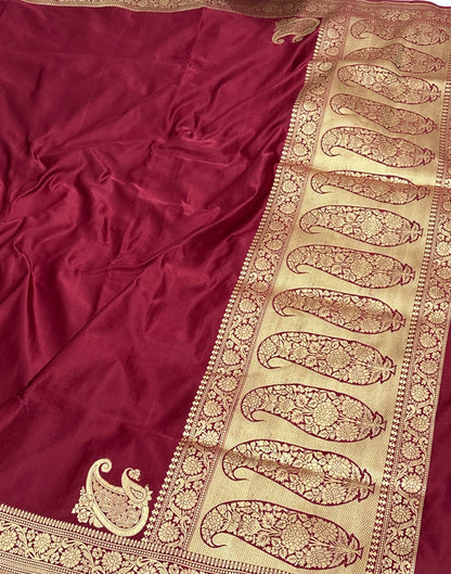Pure Handwoven Maroon Banarasi Satin Silk Saree