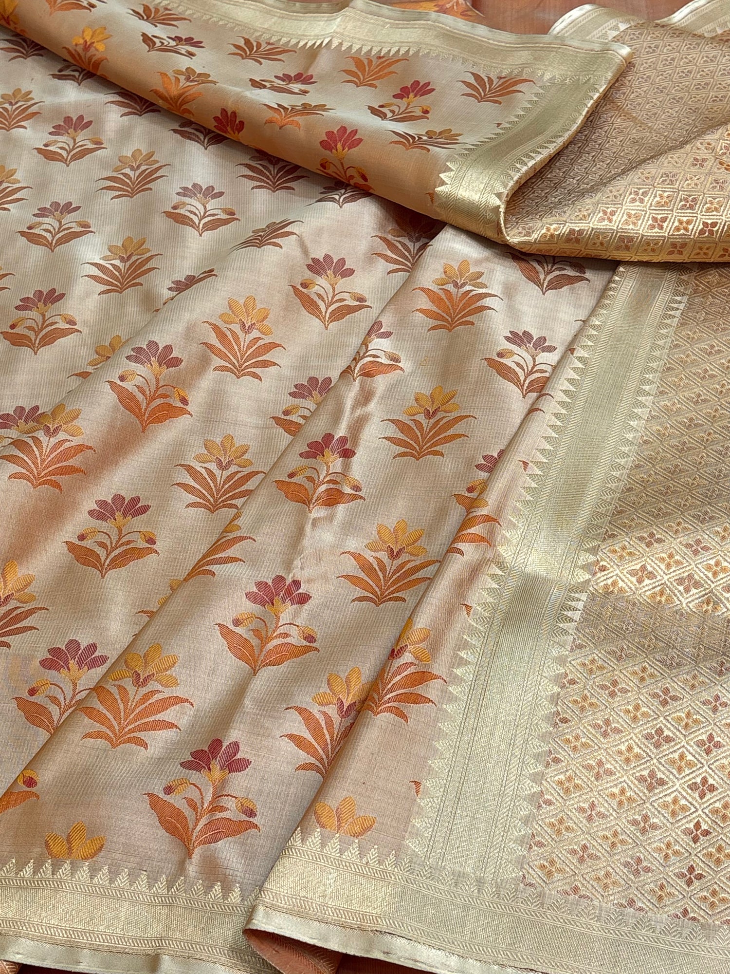 Brown Satin Tanchi Handwoven Banarasi Saree