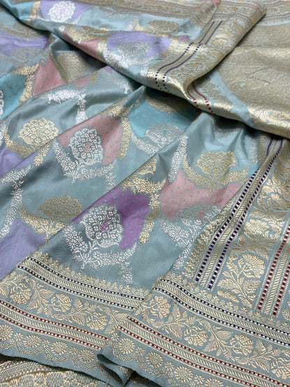Ice Blue Banarasi Pure Katan Silk Rangkaat Handwoven Saree