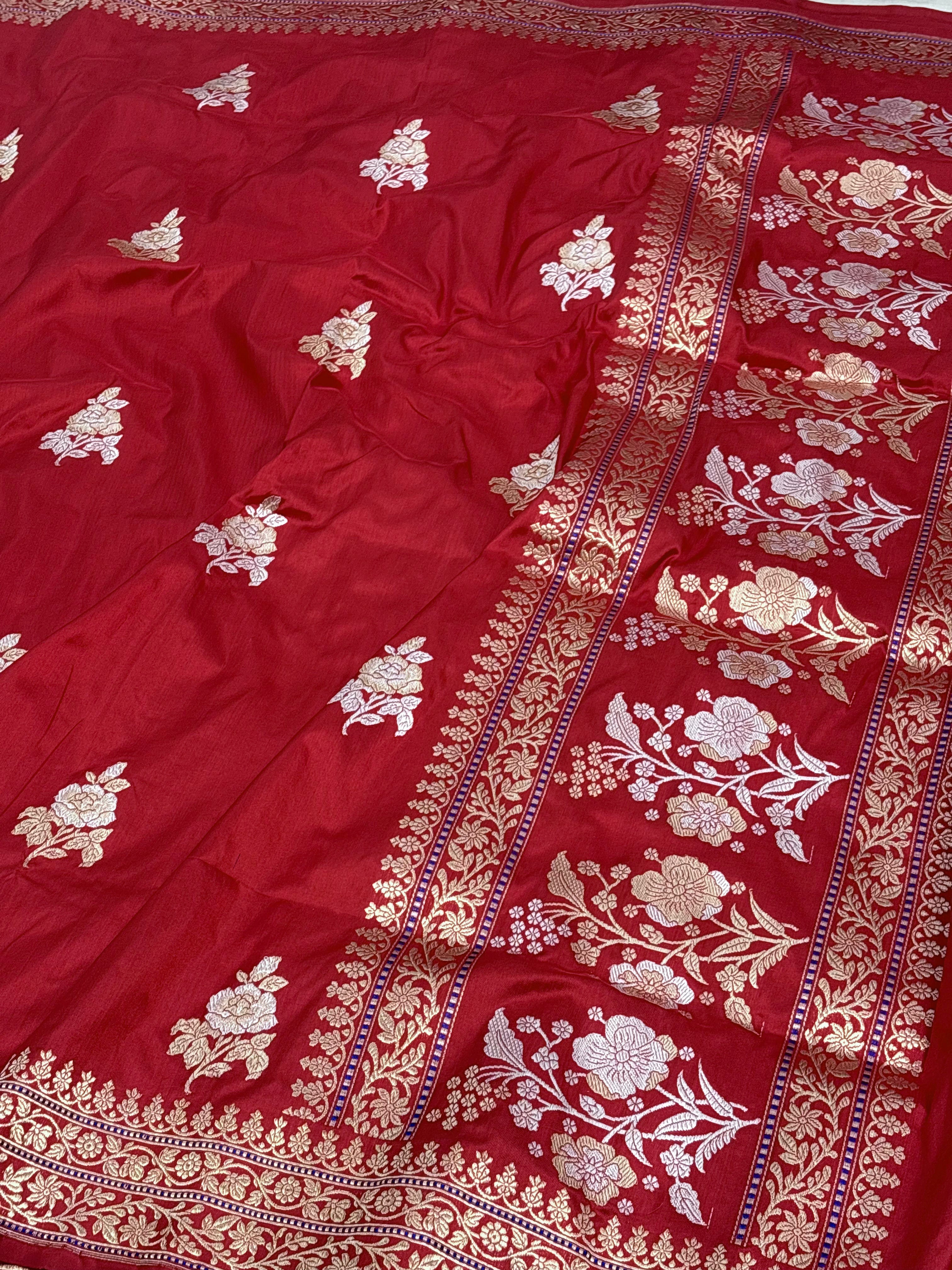 Red Gulab Buti Ektara Banarasi Saree