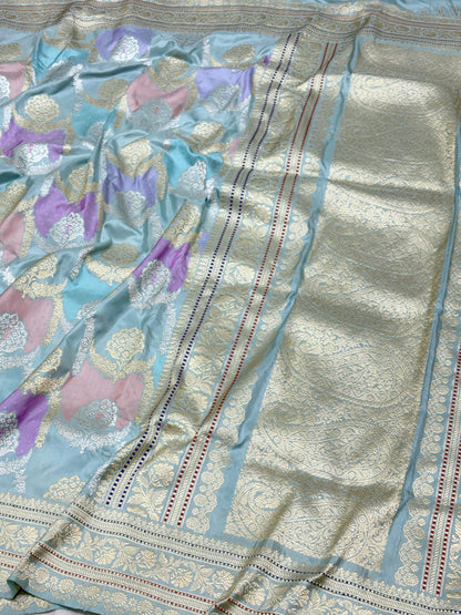 Ice Blue Banarasi Pure Katan Silk Rangkaat Handwoven Saree