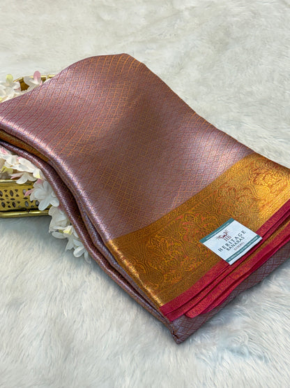 Pinkish Orange Handloom Tissue Banarasi Brocade Saree