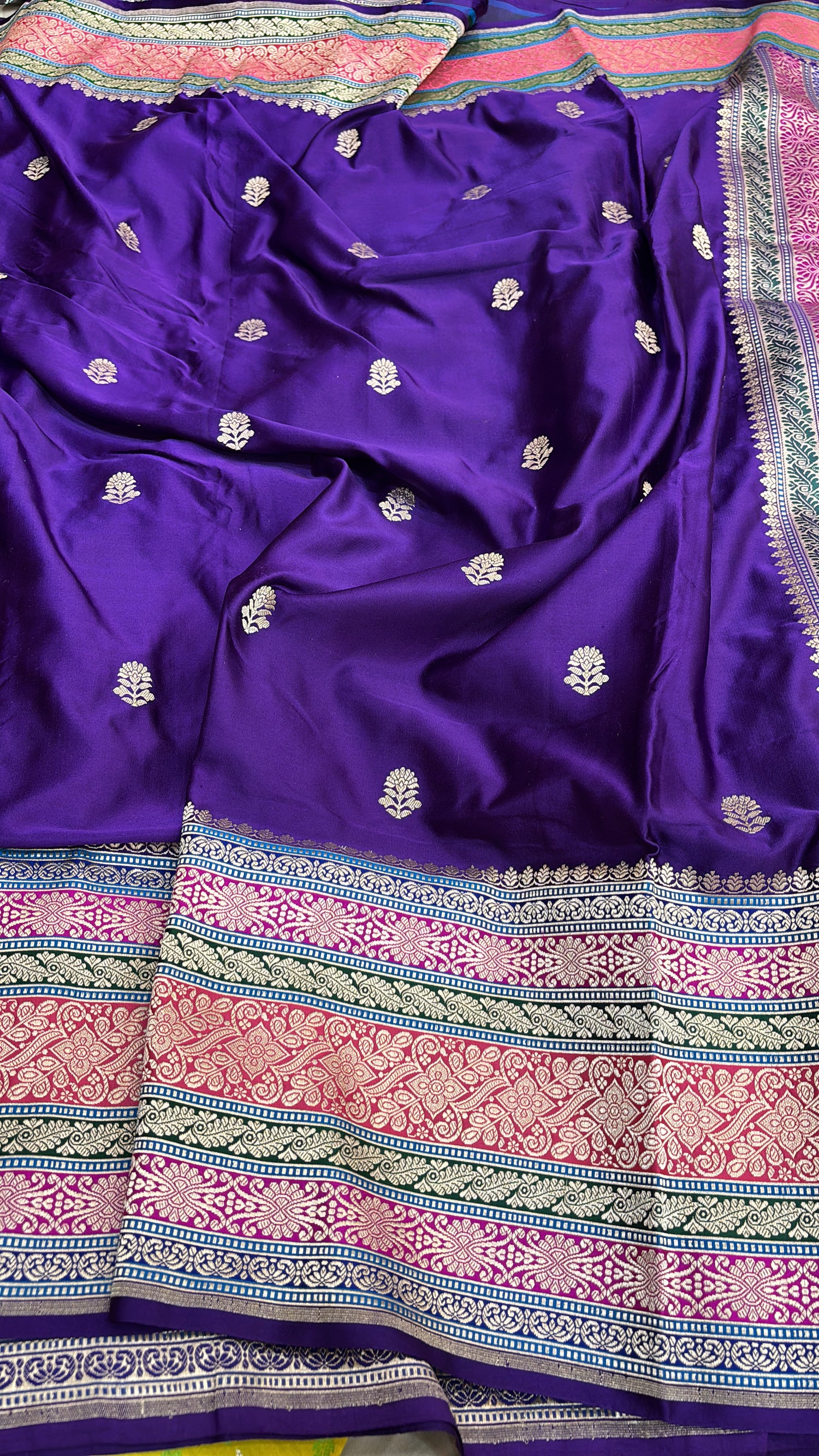 Pure Satin Silk Banarasi Kadhiyal Three-Layered Border Saree