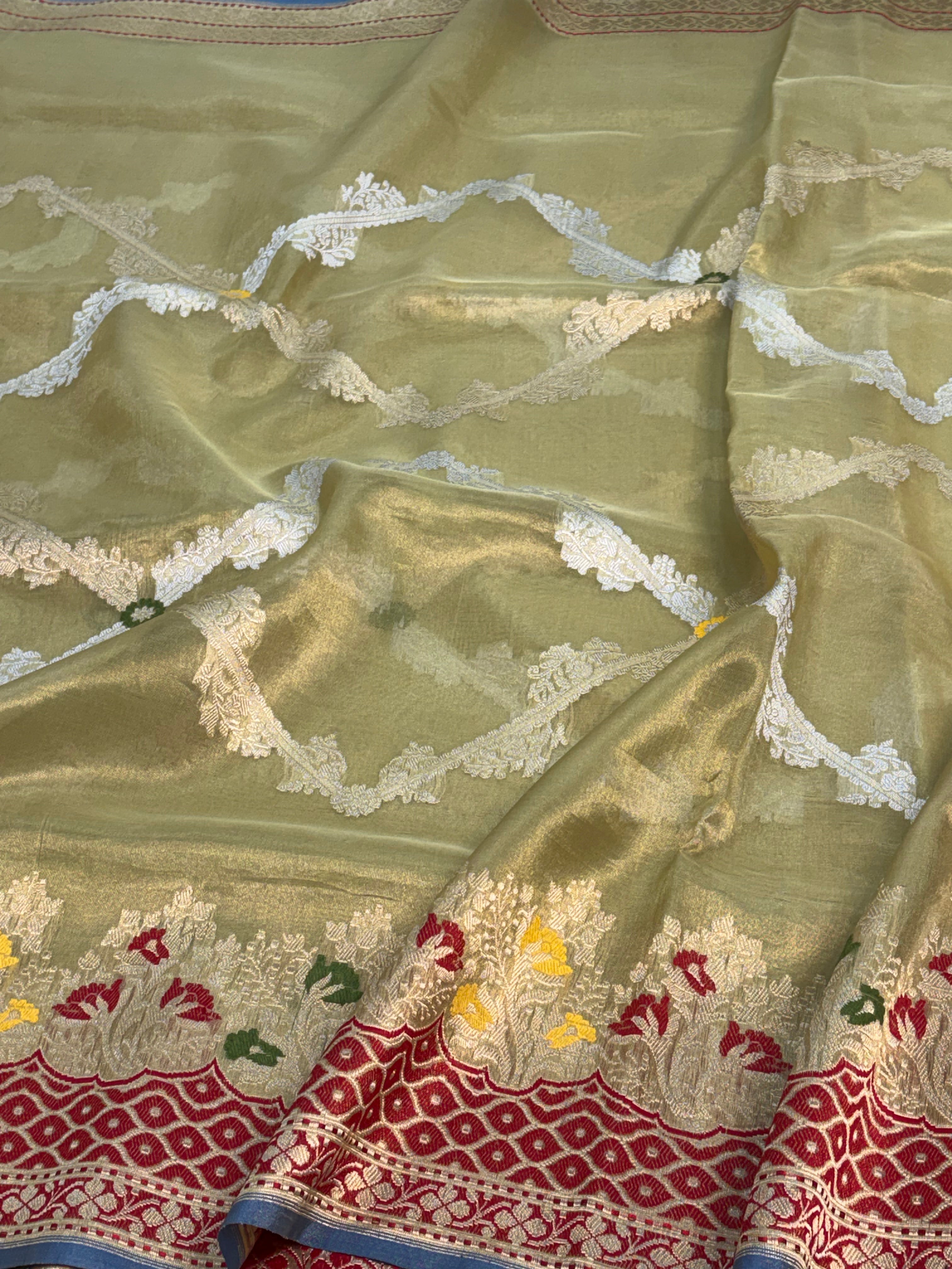 Pista Green Handwoven Banarasi Tissue Saree