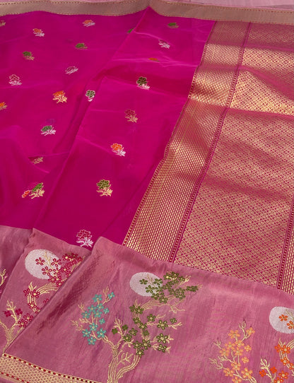 Rani Pink Handwoven Banarasi Kora Silk Saree