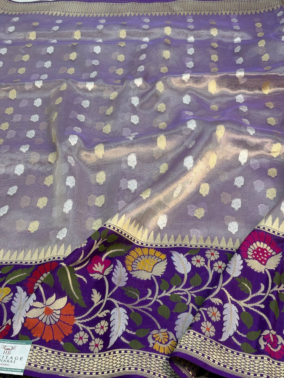 Purple Handwoven Banarasi Tissue Saree with Kadhiyal Katan Banarasi Border