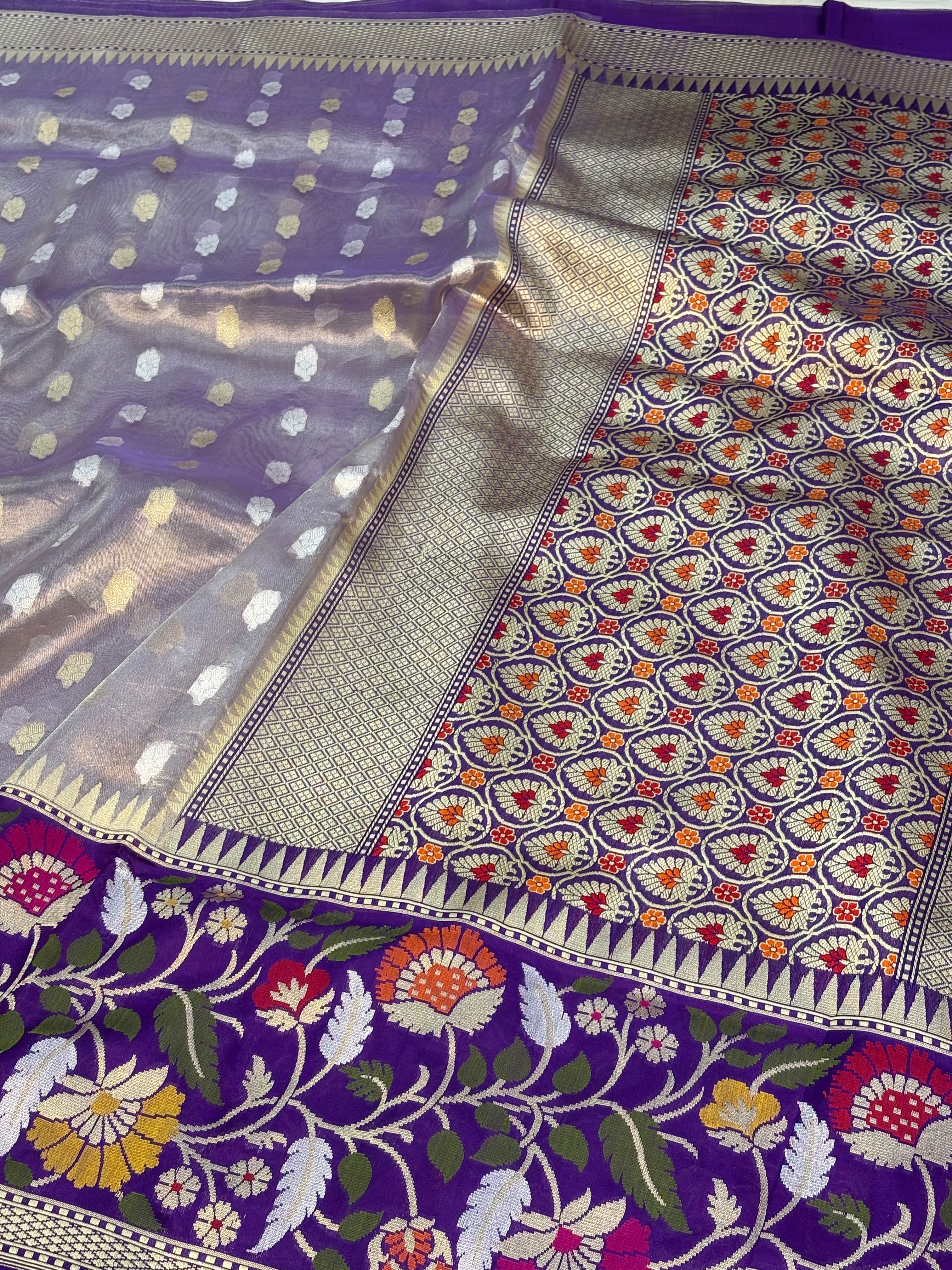 Purple Handwoven Banarasi Tissue Saree with Kadhiyal Katan Banarasi Border