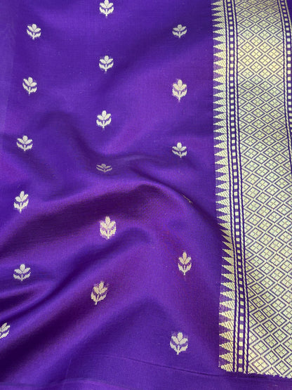 Purple Handwoven Banarasi Tissue Saree with Kadhiyal Katan Banarasi Border
