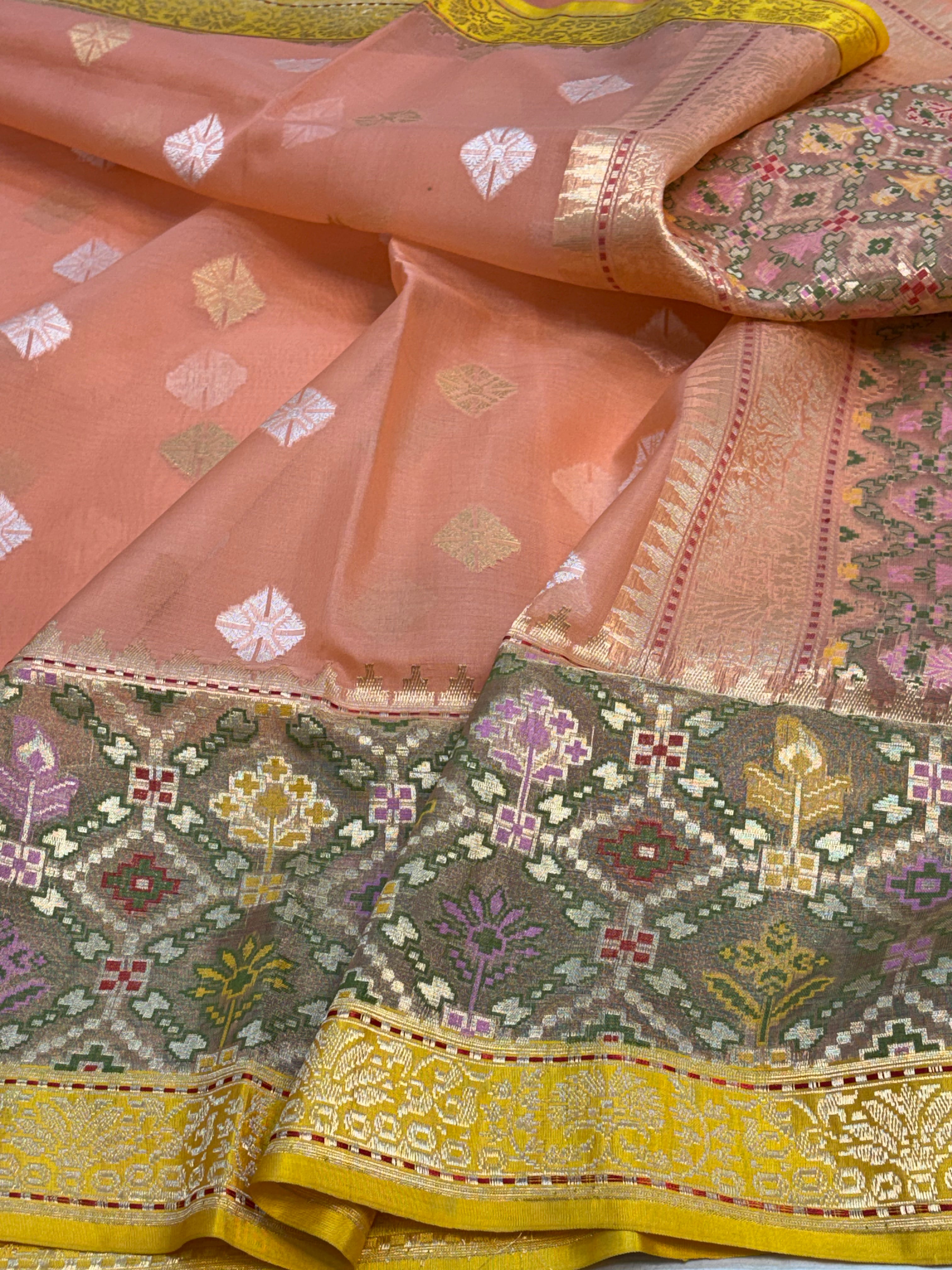 Peach Handwoven Banarasi Kora Iktara Silk Saree