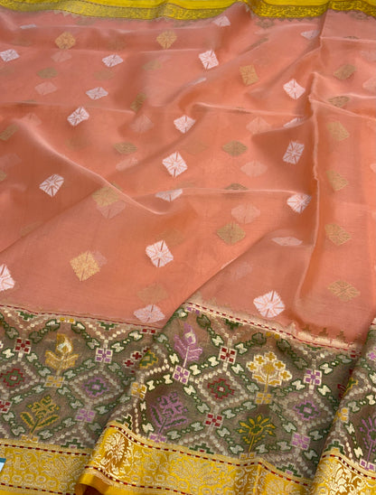 Peach Handwoven Banarasi Kora Iktara Silk Saree