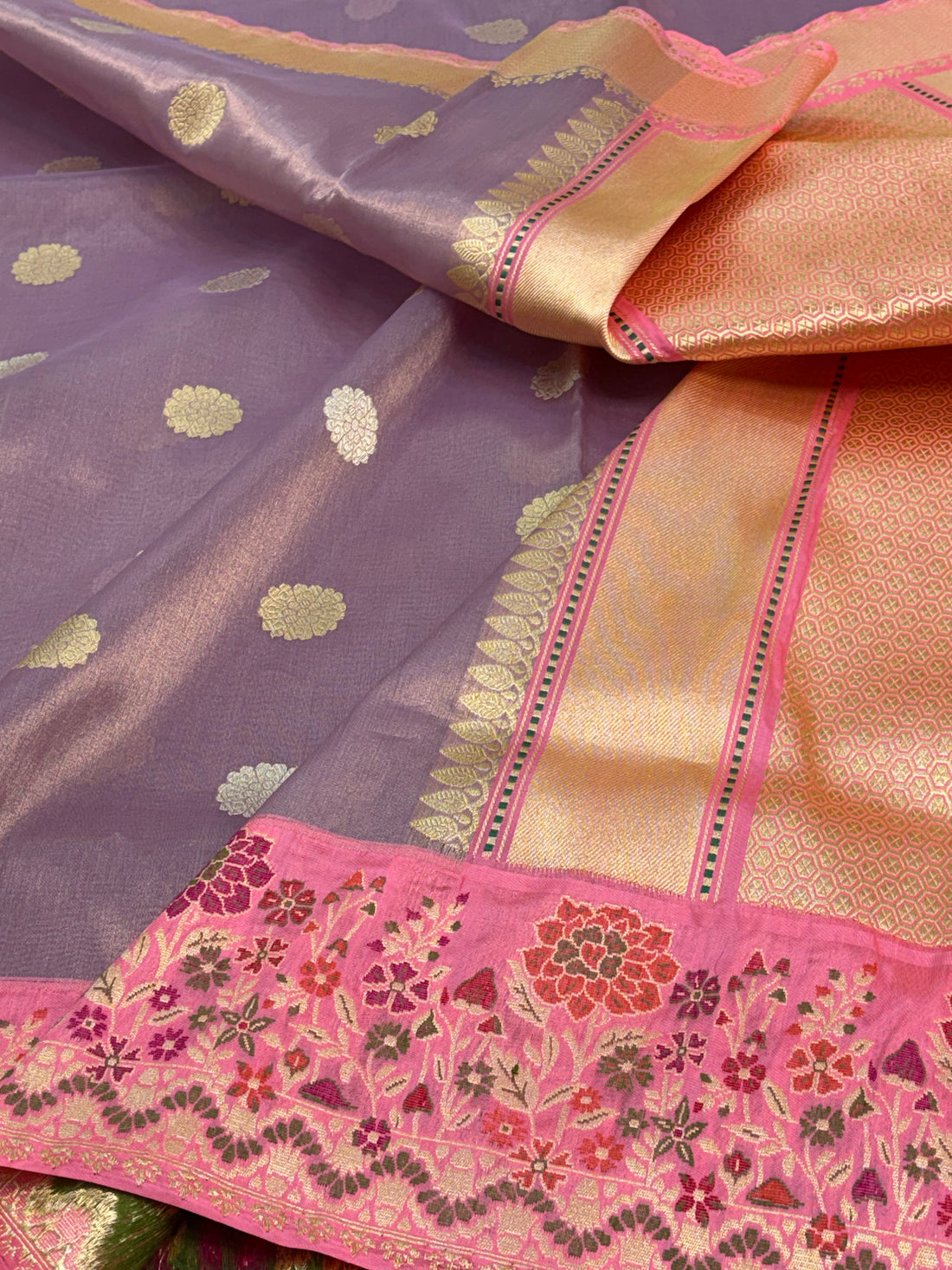Lavender Handwoven Tissue Banarasi Saree with Kadhiyal pink Banarasi border