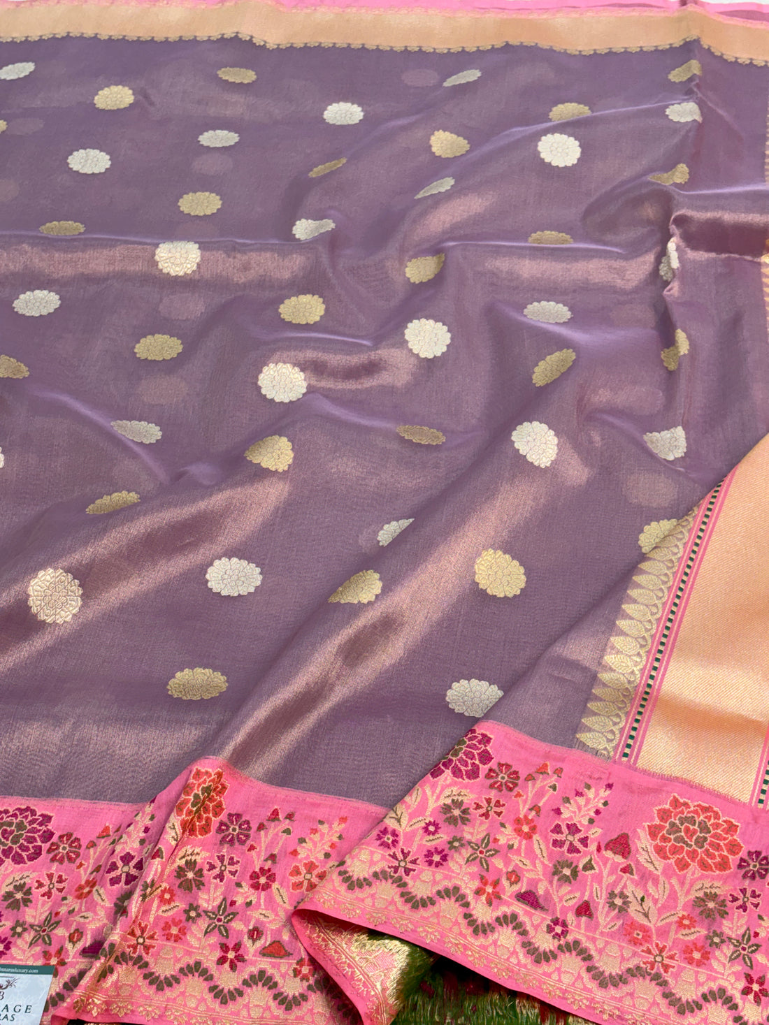Lavender Handwoven Tissue Banarasi Saree with Kadhiyal pink Banarasi border