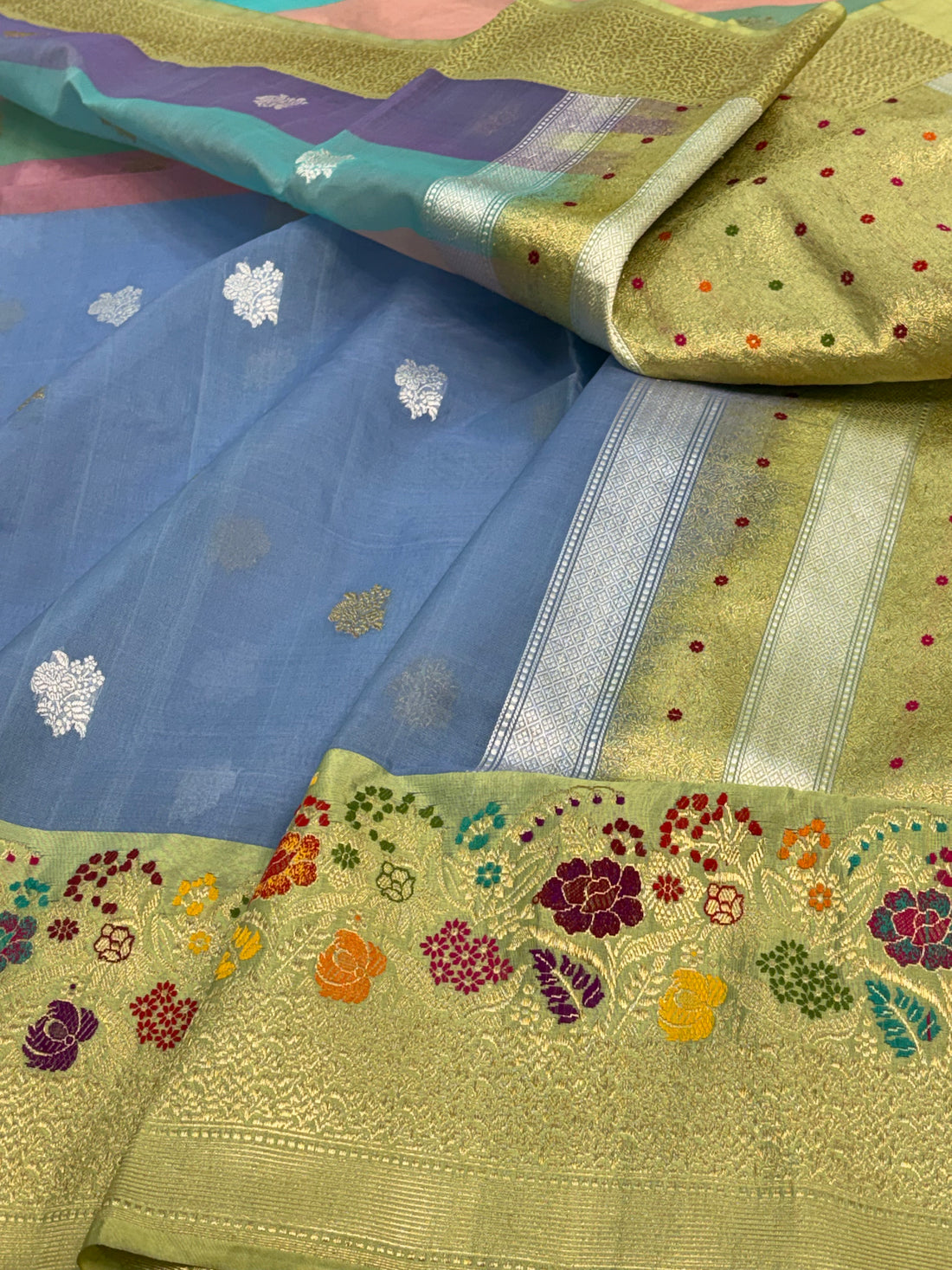 Sky Blue Handwoven Kora Banarasi Saree with Kadhiyal Banarasi border