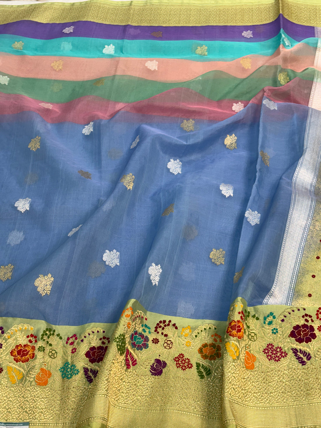 Sky Blue Handwoven Kora Banarasi Saree with Kadhiyal Banarasi border
