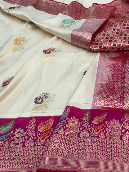 Ivory Handwoven Katan Silk Banarasi Saree