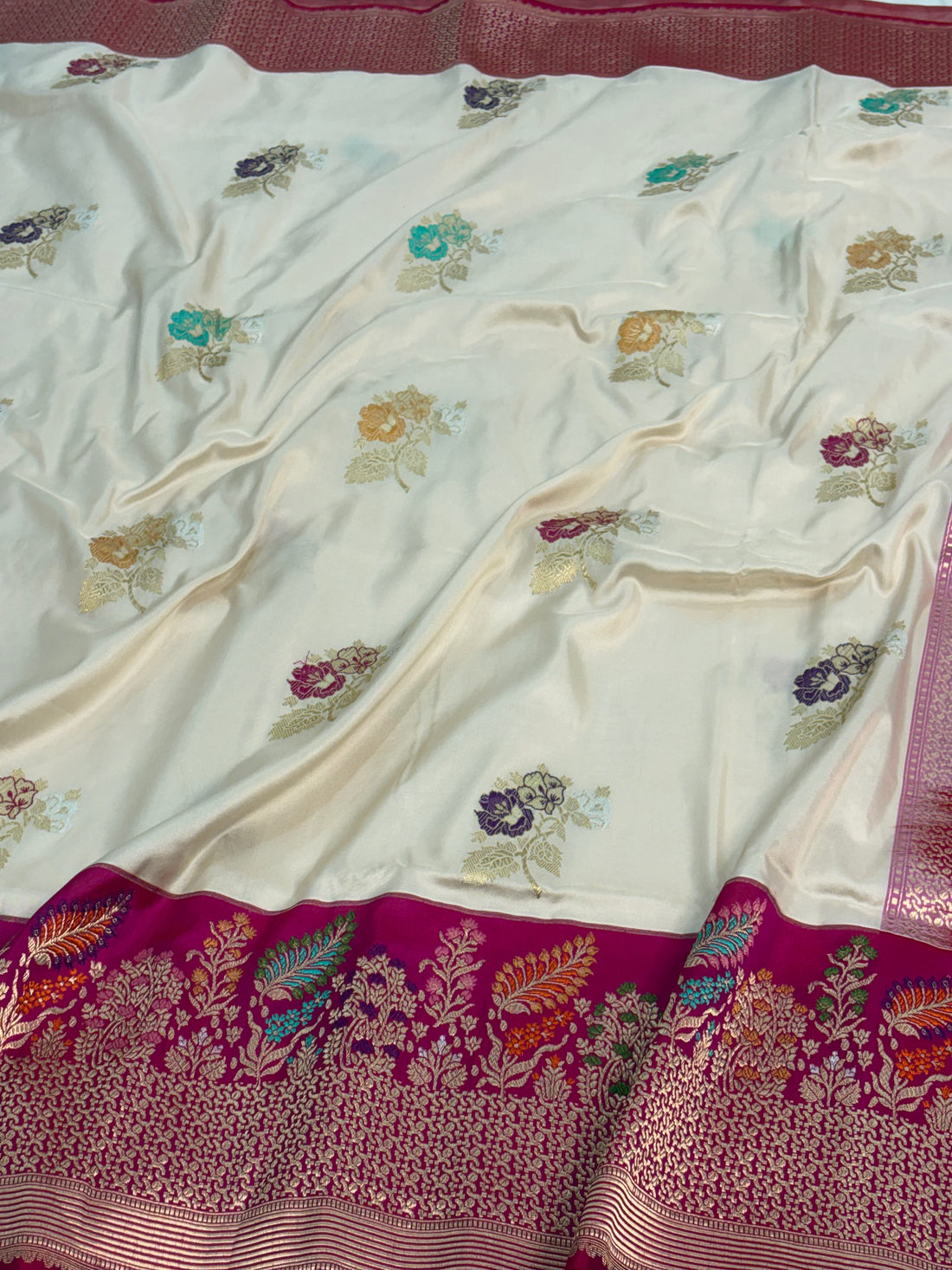 Ivory Handwoven Katan Silk Banarasi Saree