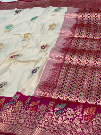 Ivory Handwoven Katan Silk Banarasi Saree