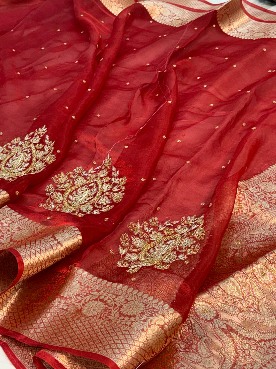 Pure Maroon Handloom Tissue Banarasi Saree