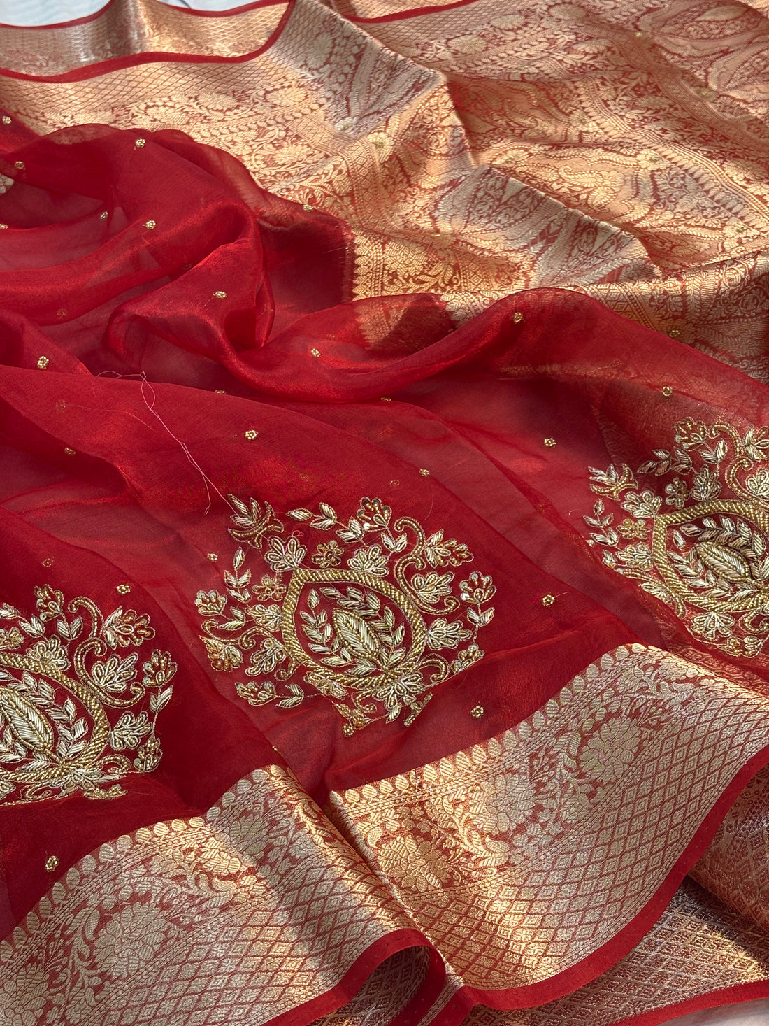 Pure Maroon Handloom Tissue Banarasi Saree