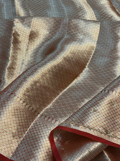 Pure Maroon Handloom Tissue Banarasi Saree