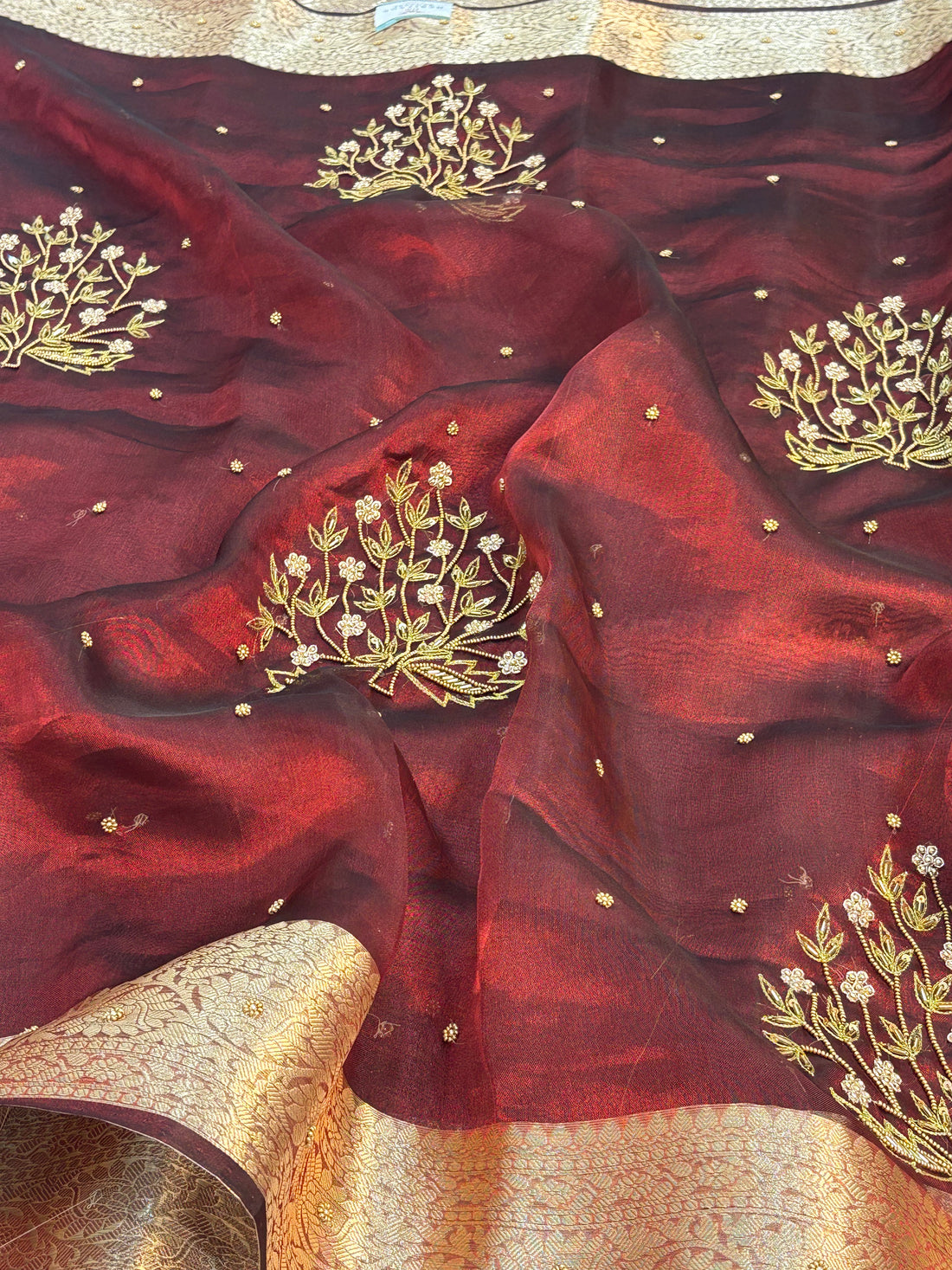 Pure Dark Maroon Handloom Tissue Banarasi Saree