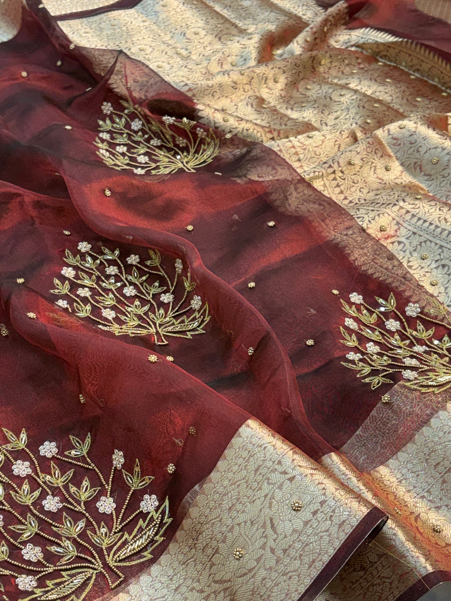 Pure Dark Maroon Handloom Tissue Banarasi Saree