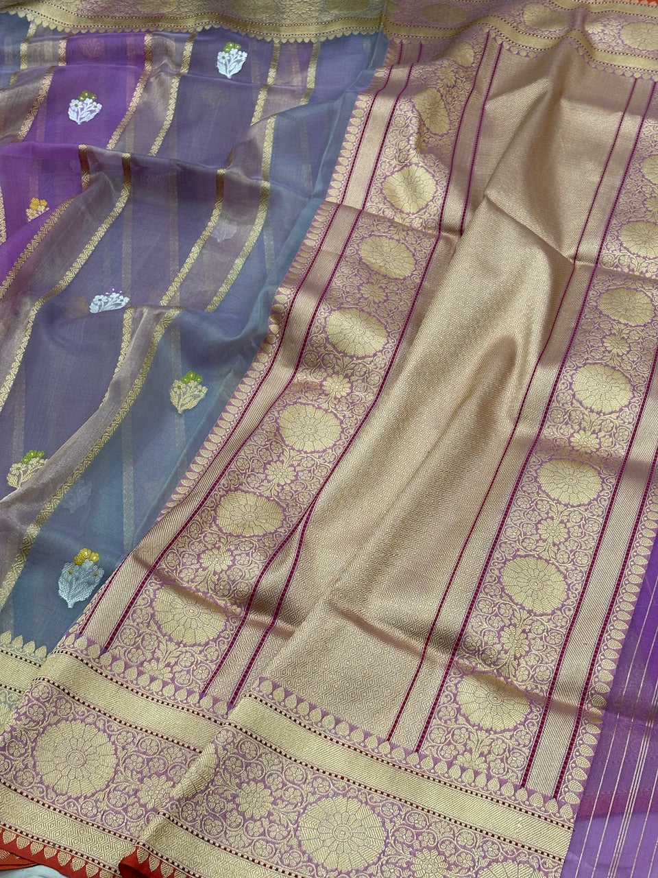 Lavender Rangkaat Banarasi Kora Silk Handwoven Saree