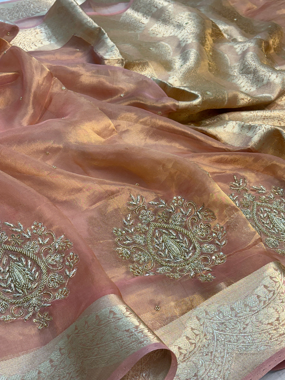 Pure Peach Handloom Tissue Banarasi Saree