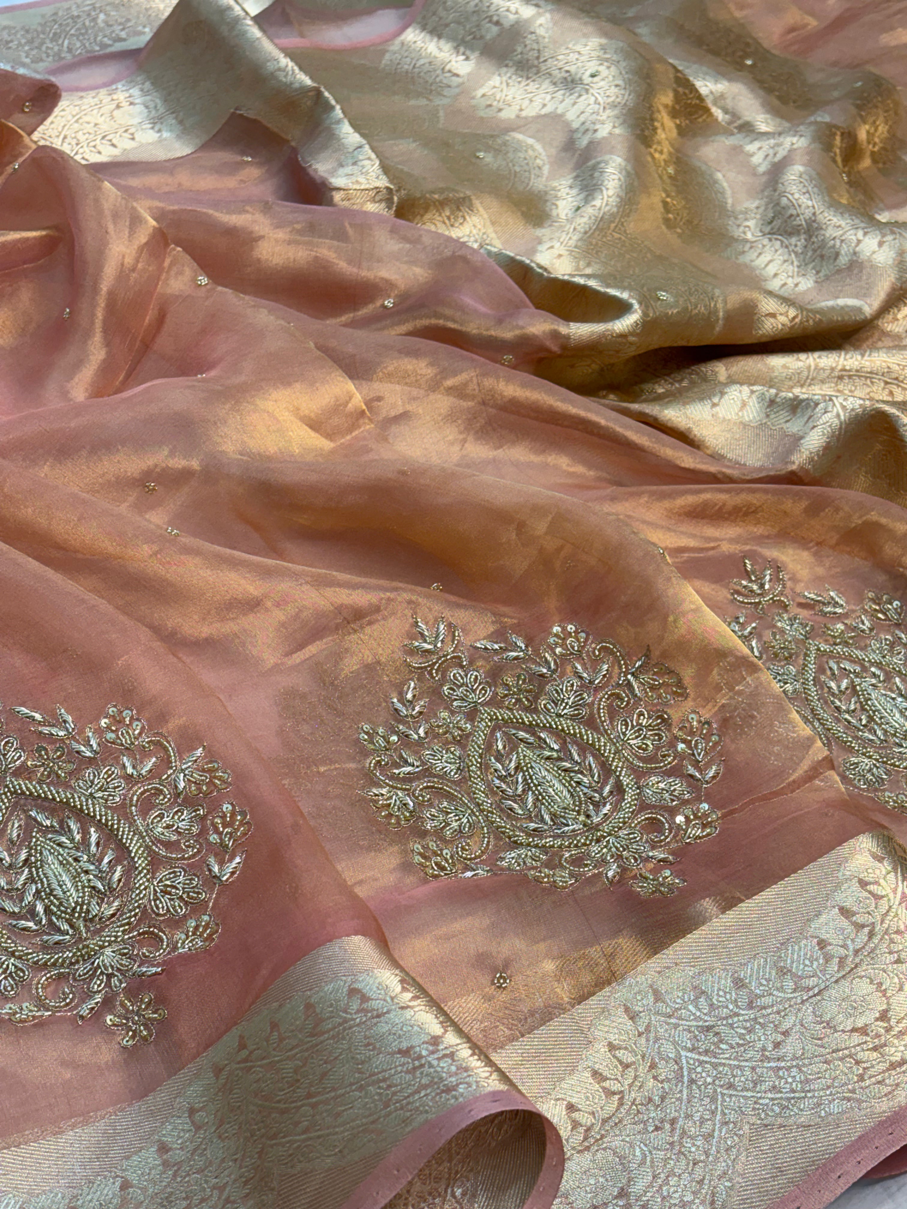 Pure Peach Handloom Tissue Banarasi Saree