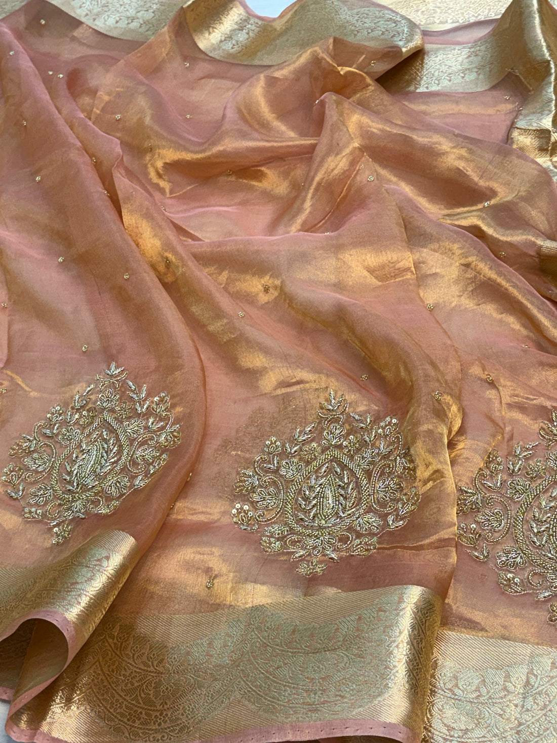 Pure Peach Handloom Tissue Banarasi Saree