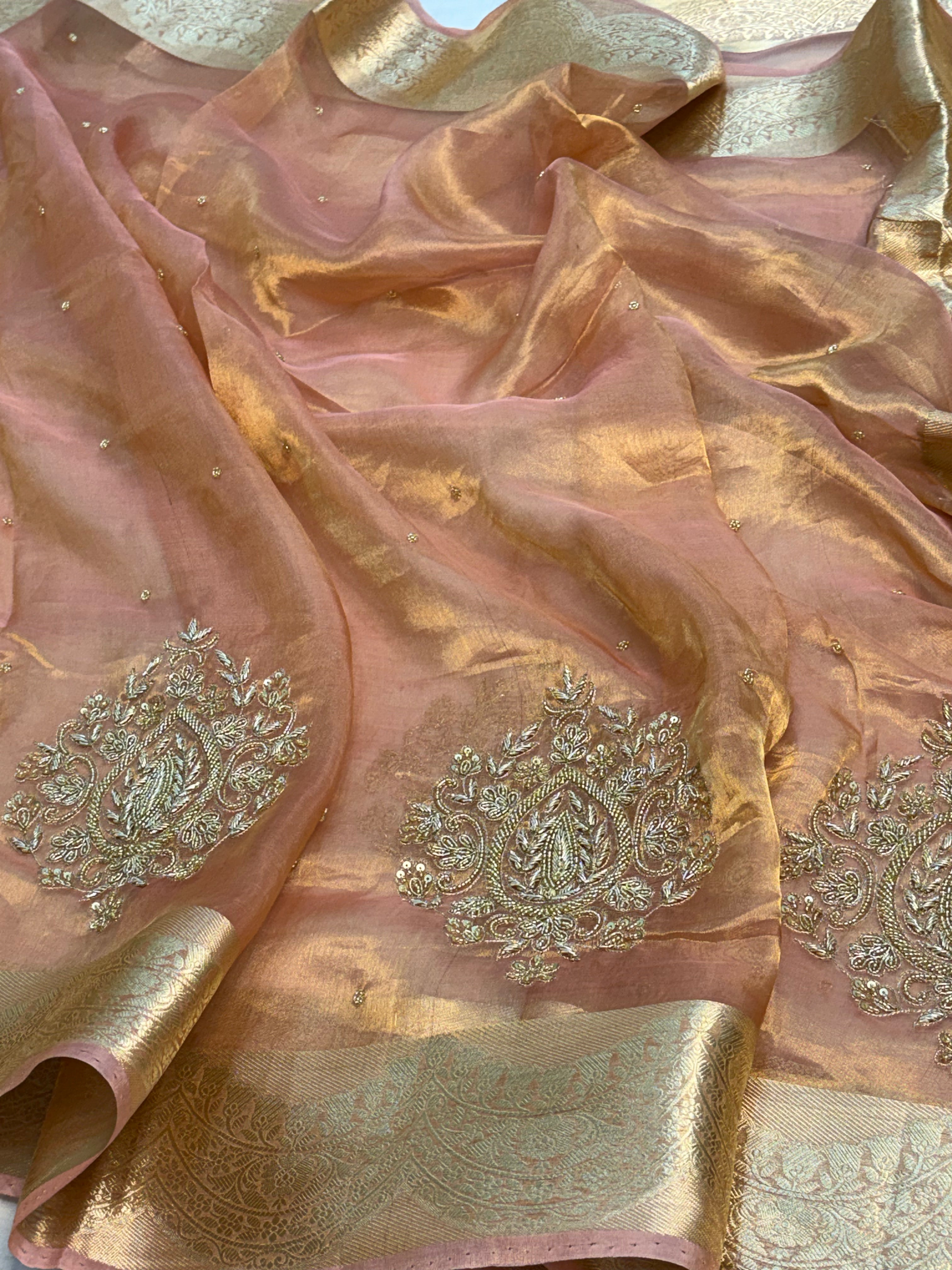 Pure Peach Handloom Tissue Banarasi Saree