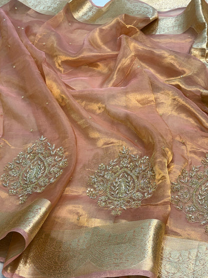 Pure Peach Handloom Tissue Banarasi Saree