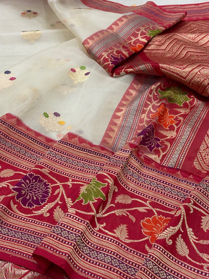 Ivory Banarasi Kora Silk Handwoven Saree