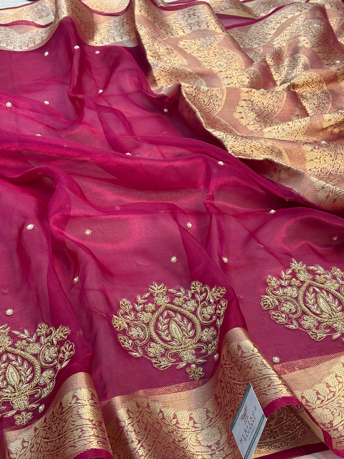 Pure Rani Pink Handloom Tissue Saree