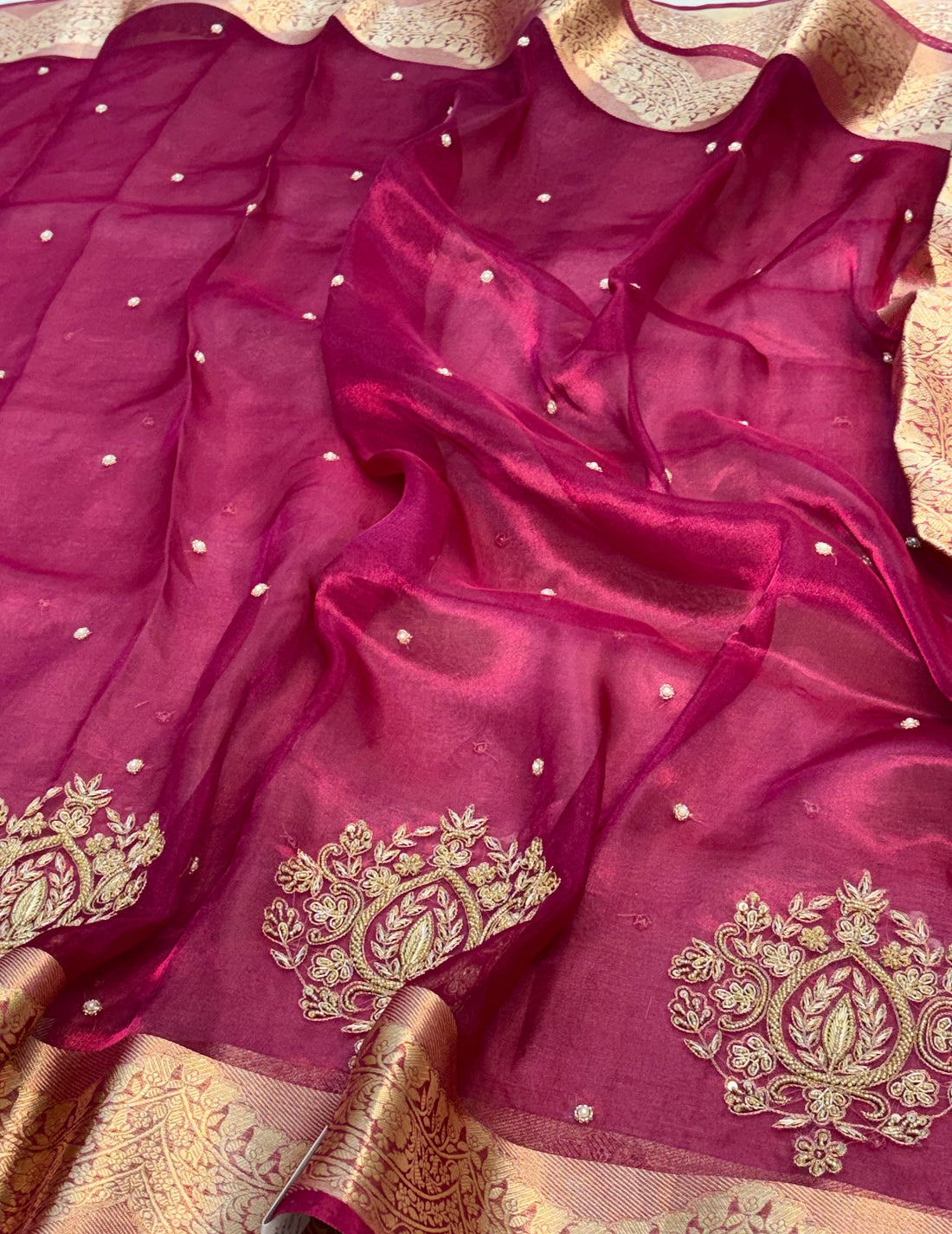 Pure Rani Pink Handloom Tissue Saree