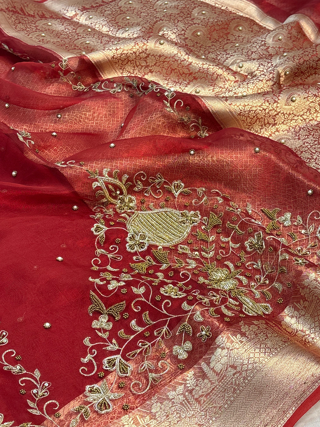 Pure Red Handloom Tissue Banarasi Saree